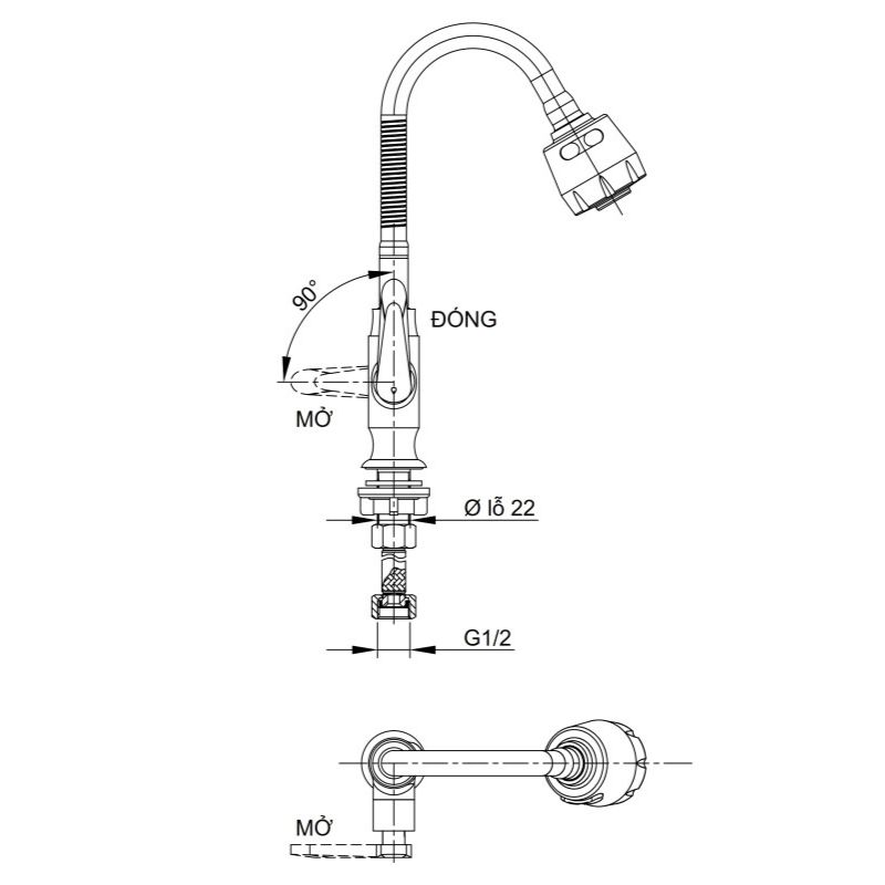 Vòi Rửa Bát Lạnh Đồng Thau Mạ Crome LUXTA L3101T3B Thân Uốn Dẻo