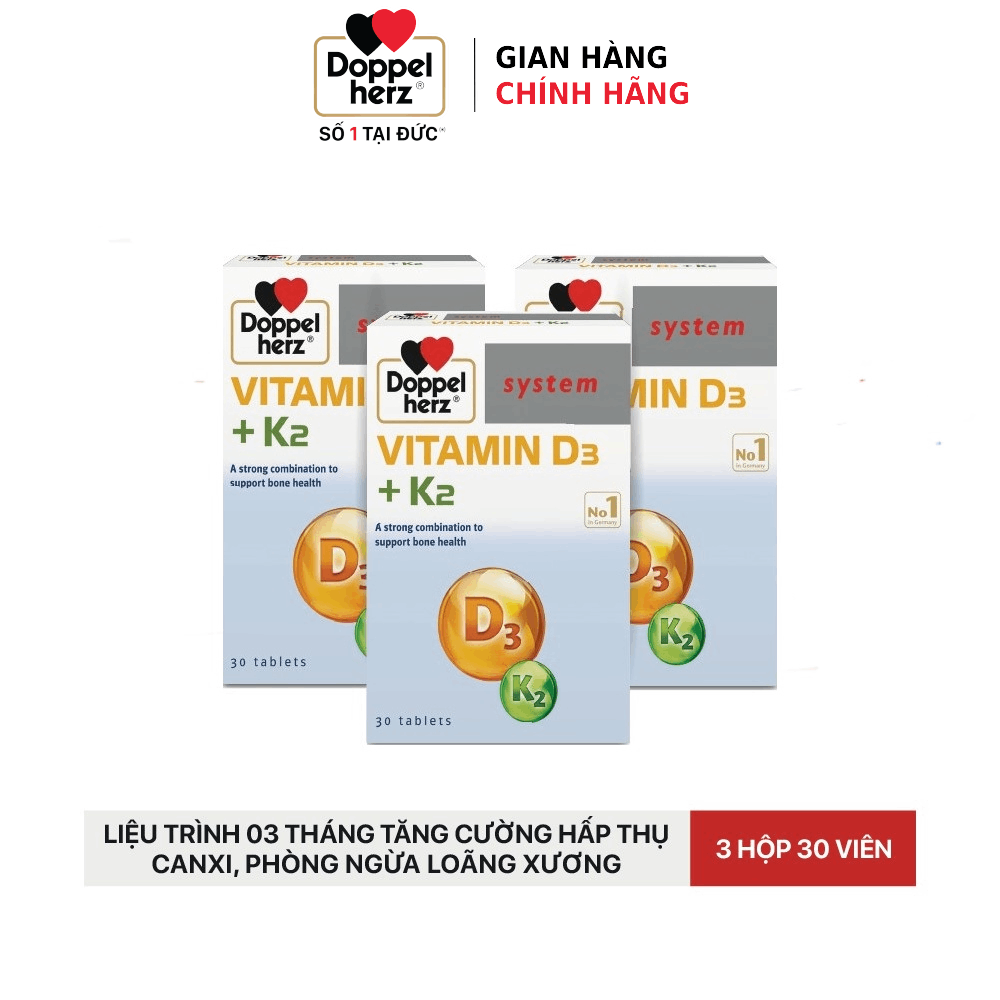 Liệu trình 03 tháng tăng cường hấp thụ Canxi, phòng ngừa loãng xươn Doppelherz Vitamin K2 D3 (03 hộp 30 viên)