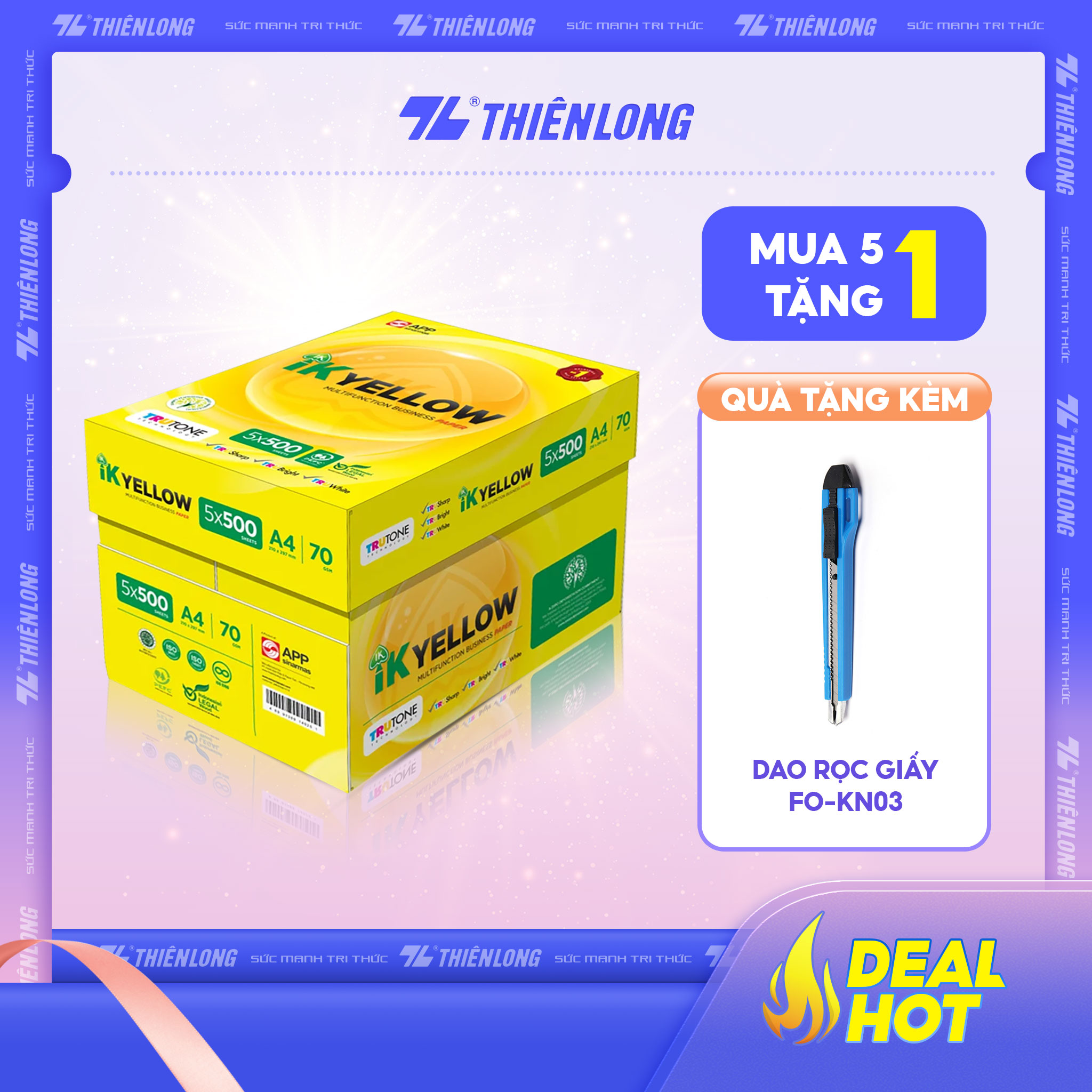 Combo 5 Ream giấy IK Yellow đa năng A4 70 gsm - Hàng nhập khẩu Indonesia