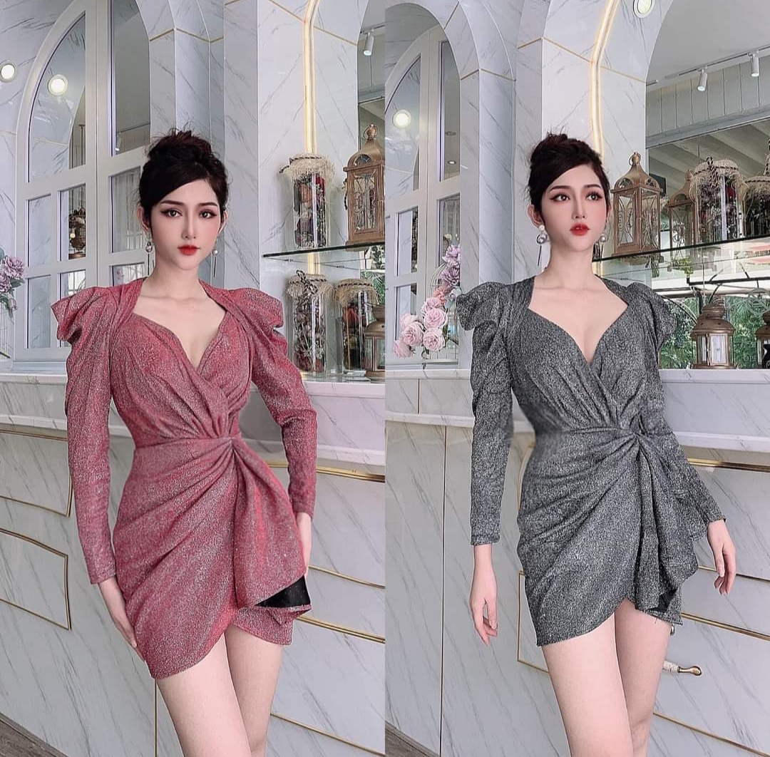 Đầm Body Nhũ Kim Tuyến Cao Cấp eo phối bèo cổ kiểu