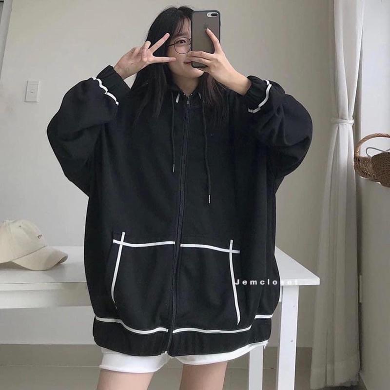 Áo Khoác Nỉ Khóa Zip Oversize VIỀN CHỈ NỔI - Hoodie dáng thụng form rộng dài tay, kiểu dáng basic, thiết kế trẻ trung