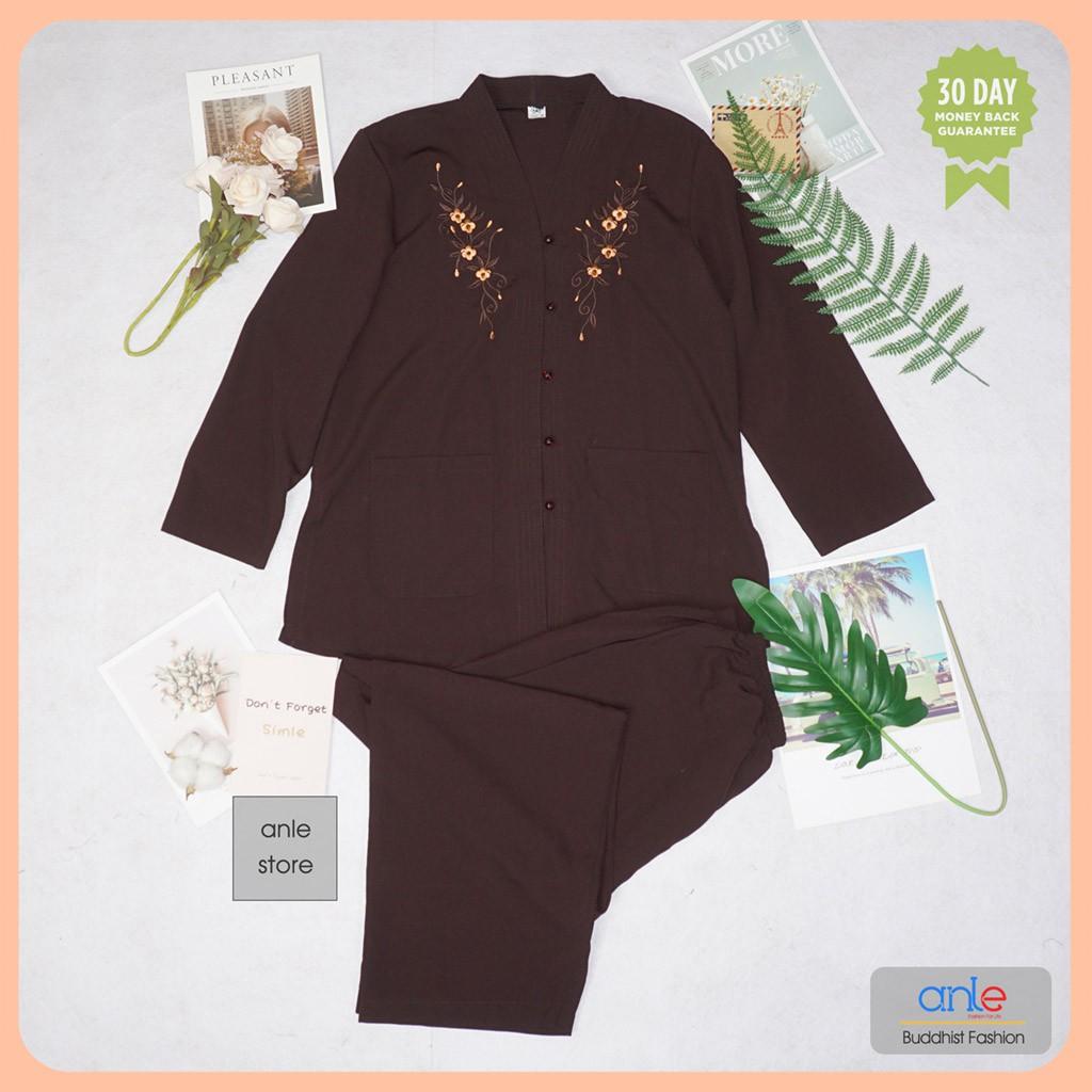 Đồ lam đi chùa Bộ Bà Lai Tôn Thêu Hoa - Bộ đồ đi chùa vải Tôn Mát co dãn Thoải mái - Anle Store