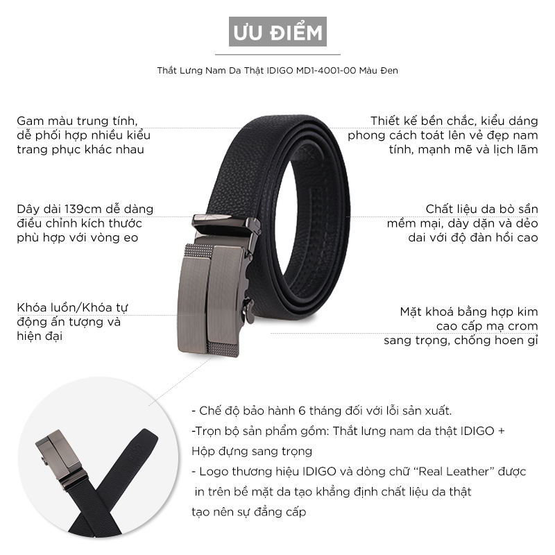 Thắt Lưng Nam Da Thật IDIGO MD1-4025 Màu Đen