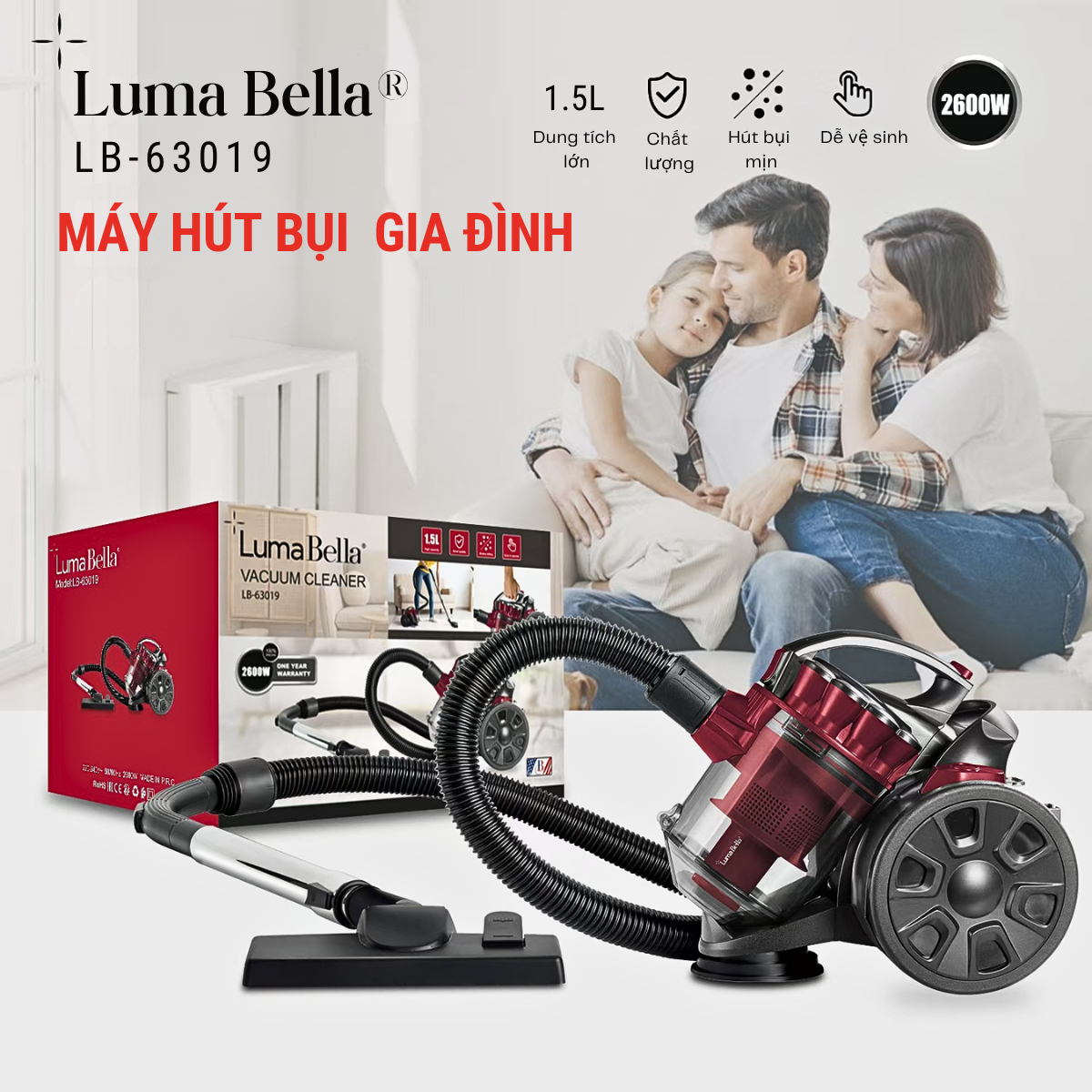 Máy hút bụi gia đình cầm tay CÓ DÂY Lumabella LB-63019 công suất cực cao 2600W hút bụi gia đình, ô tô, sofa, dễ vệ sinh - HÀNG CHÍNH HÃNG
