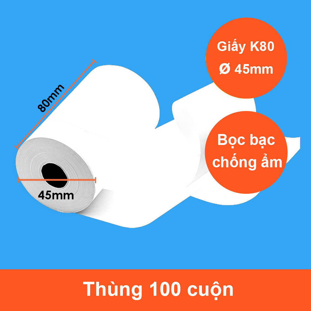 Thùng 100 cuộn giấy in hóa đơn K80 phi 45 bọc bạc cho máy in nhiệt