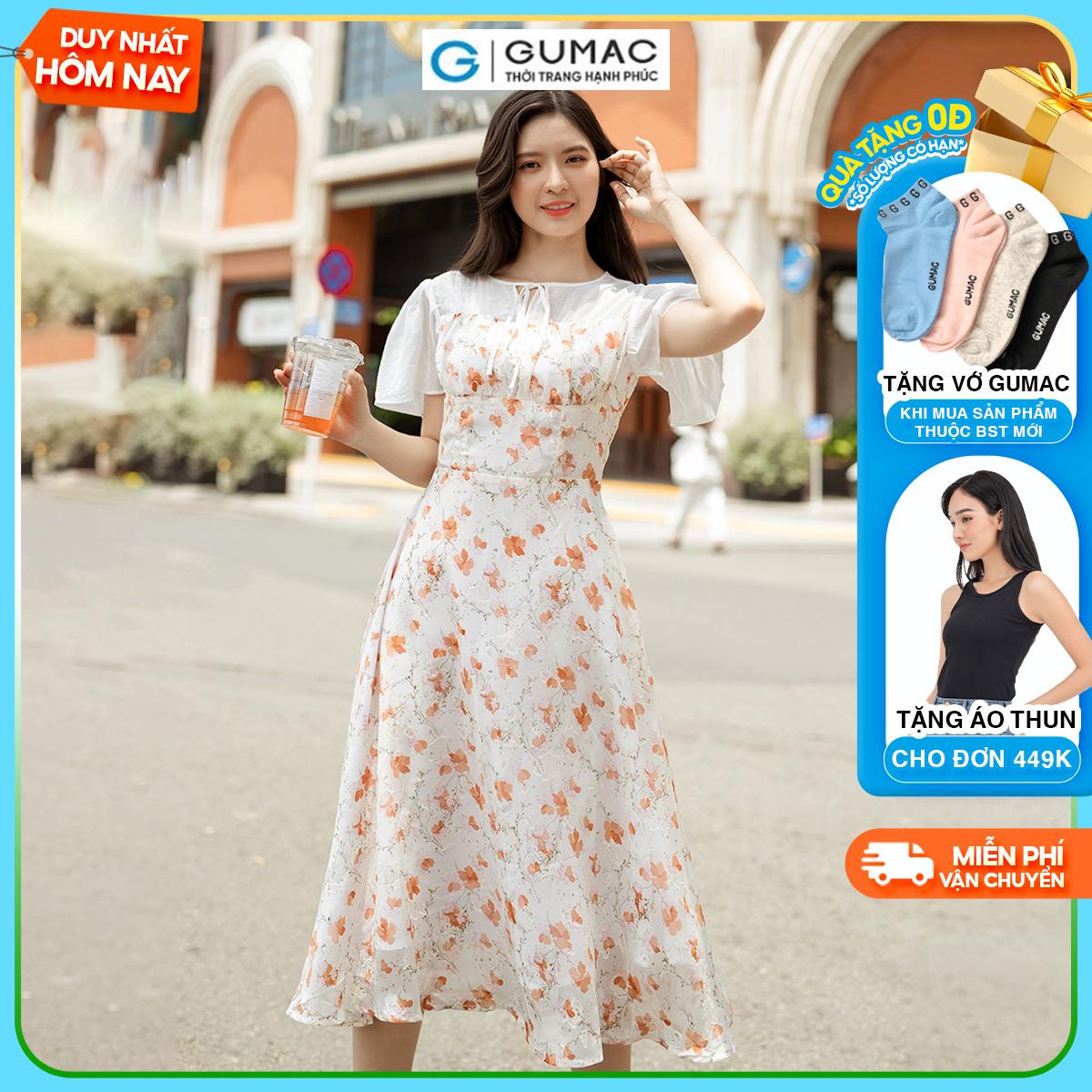 Đầm hoa phối vải tơ sang trọng nữ tính thanh lịch thời trang GUMAC DD06062