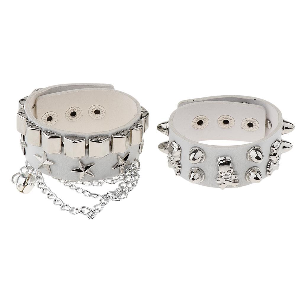 Layered Gothic  Bracelet Rivet Leather Cuff Bangle Wristband White