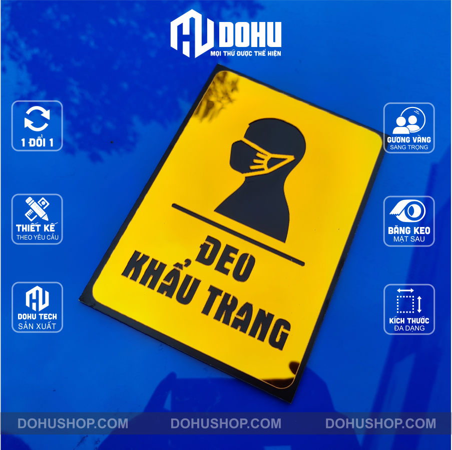 Biển Nhắc Nhở Đeo Khẩu Trang Làm Bằng Gương Vàng DOHU29 - Có sẵn keo dán tường tiện dụng