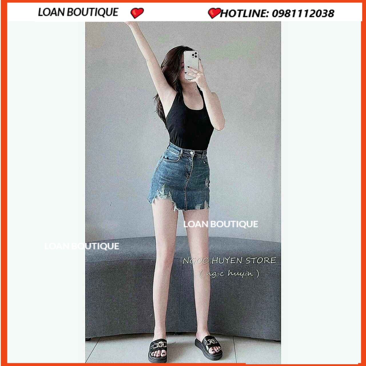 Chân váy jeans rách ngắn co giãn có lót quần kín đáo LOAN BOUTIQUE