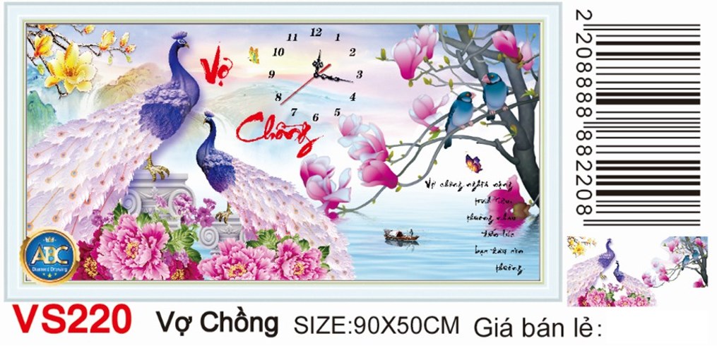 Tranh đính đá đồng hồ cha mẹ chim công hoa mẫu đơn VS220 - 90 x 50 cm - chưa đính