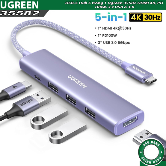Cáp chuyển USB-C sang HDMI + PD 100W + 3 x USB 3.0 Ugreen 35582 - Hàng chính hãng