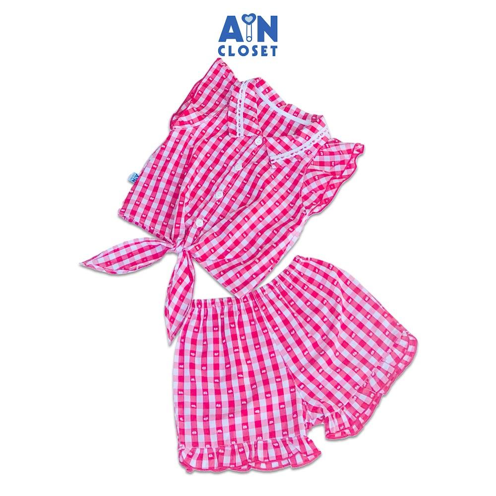 Bộ quần áo ngắn Bé gái họa tiết Caro đỏ nơ cotton - AICDBGLX52KD - AIN Closet