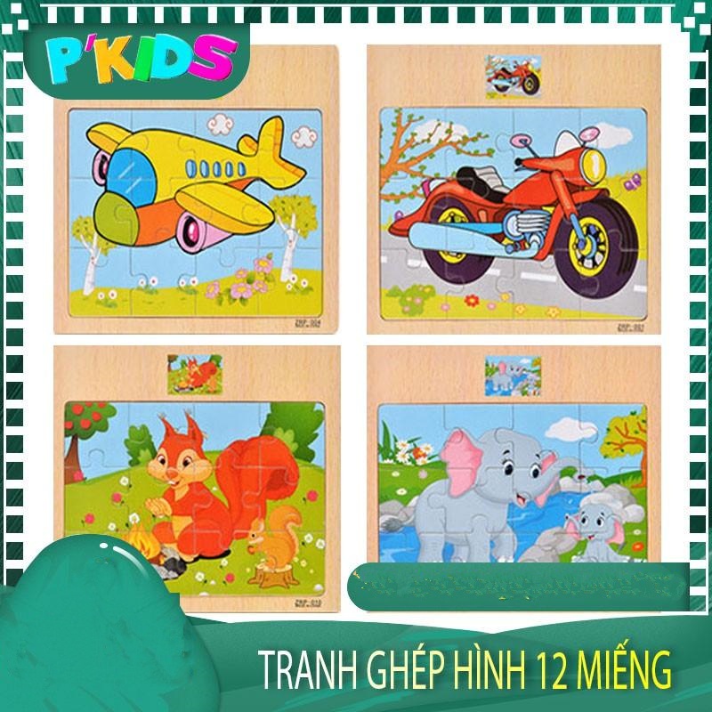 Đồ chơi cho bé Bộ tranh ghép hình 12 miếng bằng gỗ các chủ đề cho bé