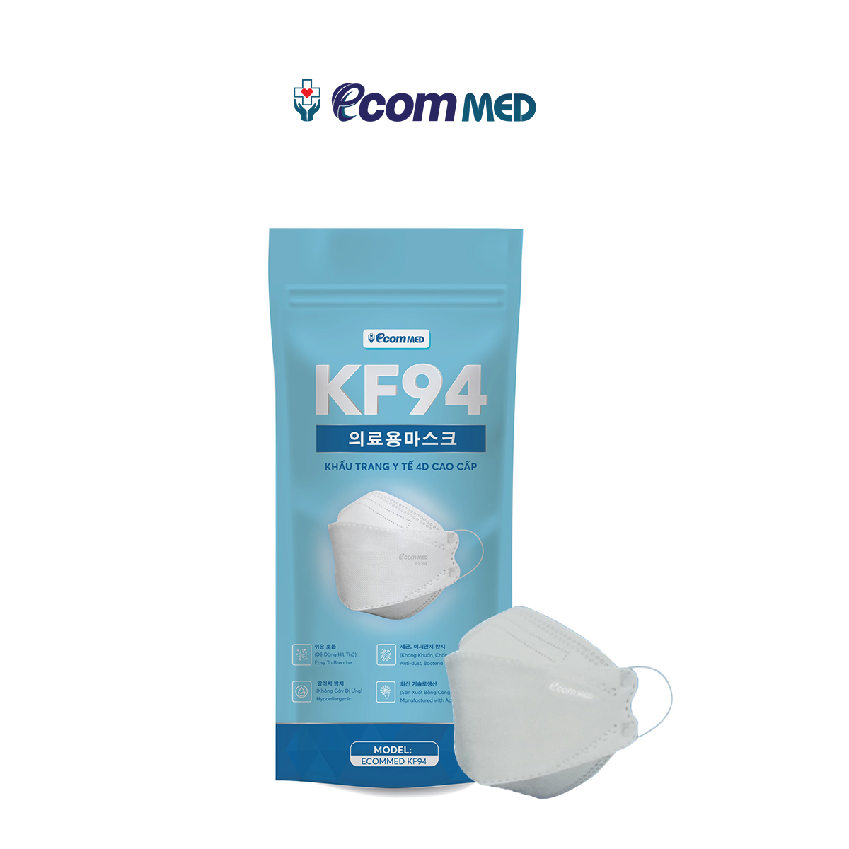 Khẩu Trang KF94 EcomMed (Bịch 10 cái) thoải mái Không Đau Tai - Đạt chuẩn FDA