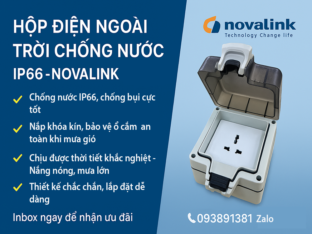 Ổ cắm điện ngoài trời chống nước IP66 Novalink NV-OW26 nhập khẩu chính hãng | Chuẩn IP66, 1 ổ cắm 3 chấu 16A