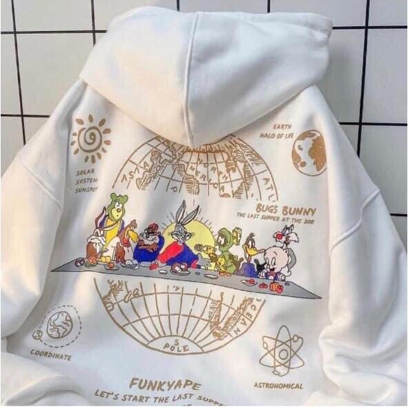 Áo khoác nam nữ Thỏ Bunny dài tay có mũ nỉ bông khóa kéo đen trắng unisex form rộng hoodie hàn quốc