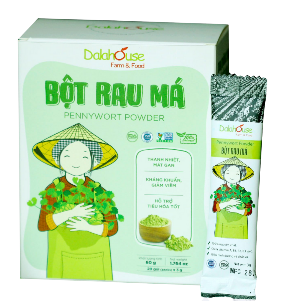 Bột Rau Má hữu cơ nguyên chất sấy lạnh Dalahouse - Hộp 20 gói nhỏ 3gr định lượng sẵn cho 1 lần sử dụng - Giải độc, mát gan, thanh nhiệt cơ thể, giảm mụn, đẹp da. Kháng khuẩn, giảm viêm, hỗ trợ tiêu hóa