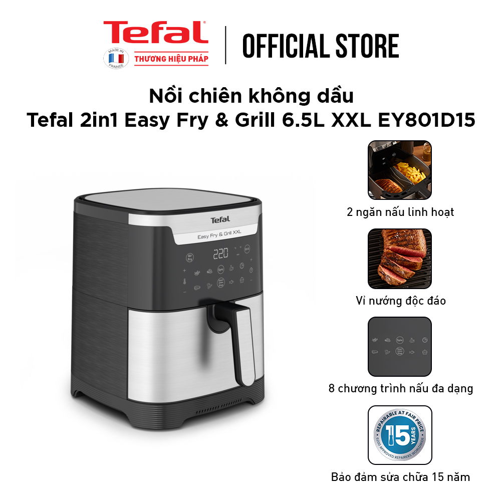 [SẢN PHẨM MỚI] Nồi chiên không dầu Tefal 2in1 Easy Fry &amp; Grill 6.5L XXL EY801D15 - Hàng chính hãng