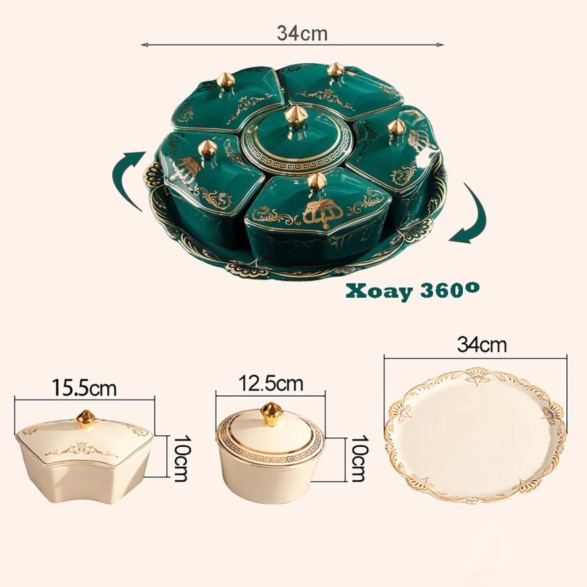 Hộp đựng bánh kẹo - mứt tết - ô mai chất liệu sứ có nắp đậy kèm khay xoay 360 độ vân đá | Bộ khay sứ 5 - 6 hũ vân đá