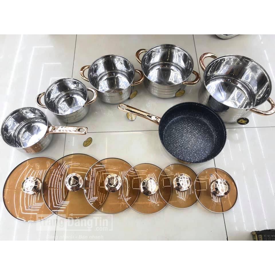 Set Bộ nồi Đức 5 đáy gồm 6 món lắp hợp kim vàng dùng cho mọi loại bếp điện, bếp từ, bếp ga
