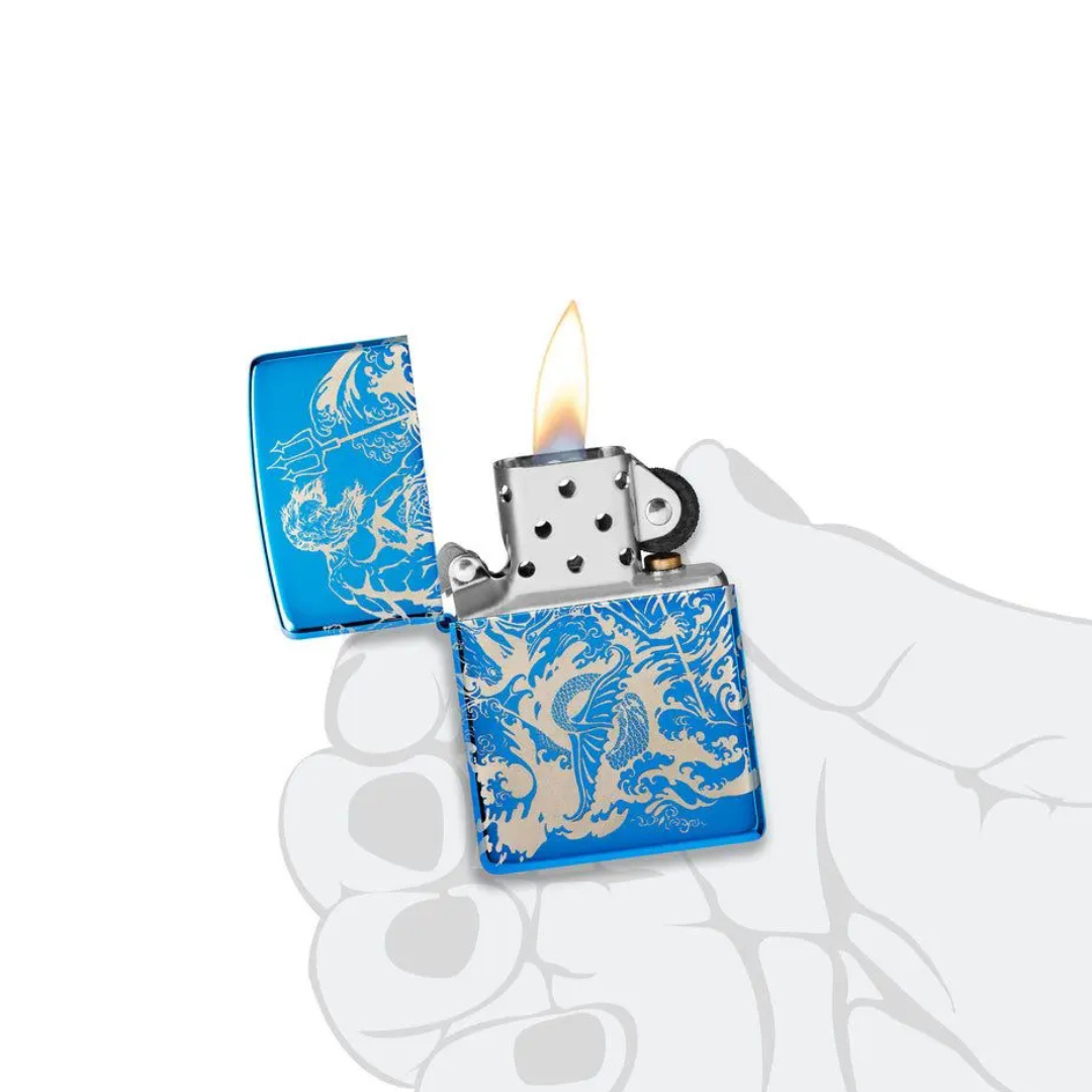 Bật lửa Zippo Atlantis Design - Thiết Kế Thần Biển Poseidon In Tràn Viền 360 Độ, Vỏ High Polish Blue Chính Hãng Mỹ