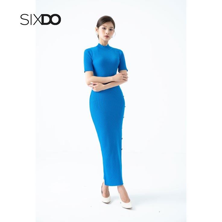 Đầm midi dệt kim xẻ viền cúc thời trang nữ SIXDO