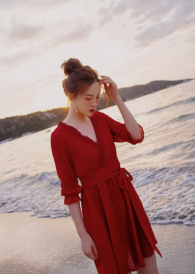 Váy maxi đi biển dài tay dáng lửng, cổ chữ V, lưng dây nơ điệu đà, thích hợp du lịch, đi biển, chụp ảnh | MX007