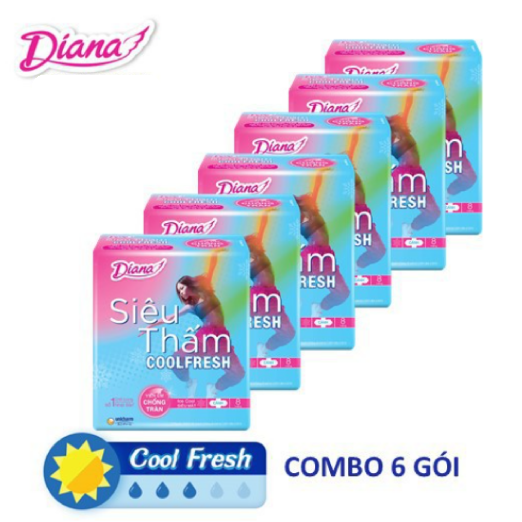 Combo 6 Băng vệ sinh Diana Siêu thấm Cool Fresh Siêu mỏng Cánh gói 8 miếng