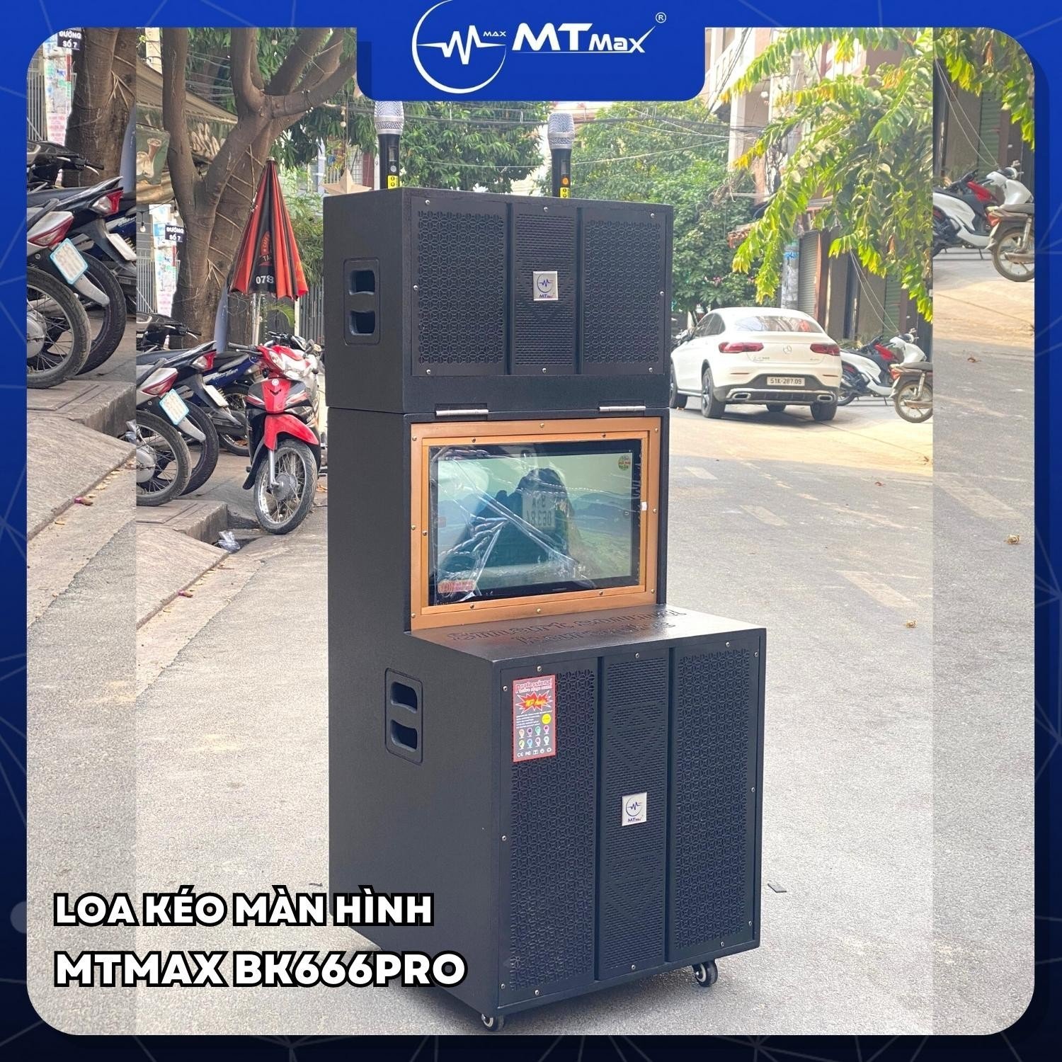 Loa Karaoke Di Động MTMax BK666PRO – Màn Hình Cảm Ứng Kèm 2 Micro không dây- tổng công suất 1000w 1bass 50, 1 Trung, 1 treble- kết nối wifi bluetooth