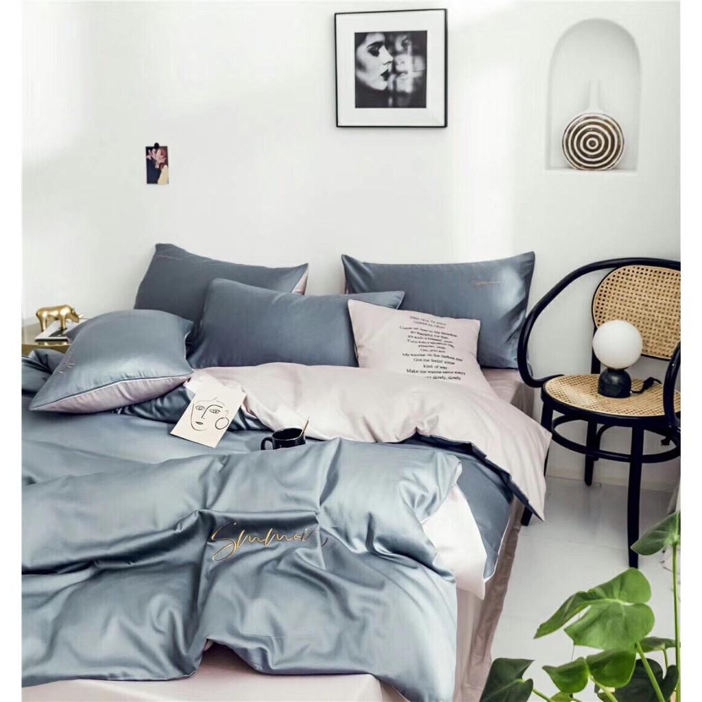 Bộ Chăn Ga Gối Lụa m6/m8/2m - Tiệm Nhà MêuSet 4 Món Tencel Basic Màu Trơn Chữ Sumoi Bóng Siêu Mềm Mát