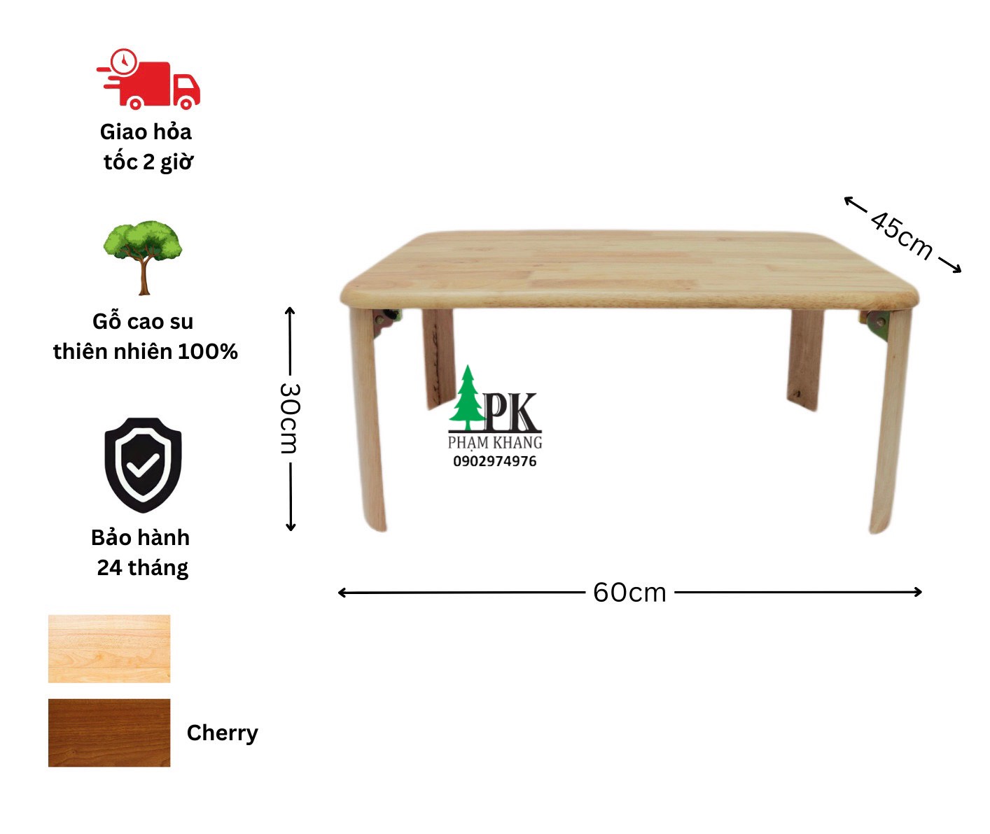 Bàn gỗ cao su chân gấp bánh mì Phạm Khang - Màu Tự Nhiên/ Vàng Cherry - Kích thước từ 45 x 60 cm/ 50 x 70 cm/ 60 x 90 cm/ 60 x 120 cm