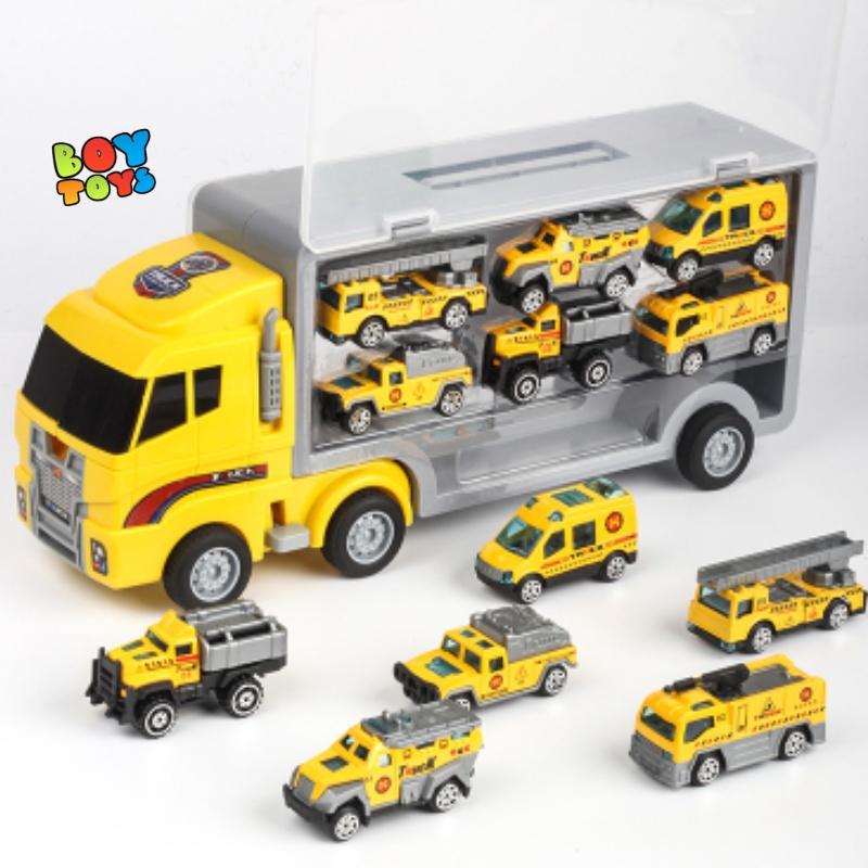 Đồ chơi xe container chở 6 xe hợp kim cứu hỏa, cảnh sát, quân sự, kĩ thuật mẫu mới có quai xách tiện lợi