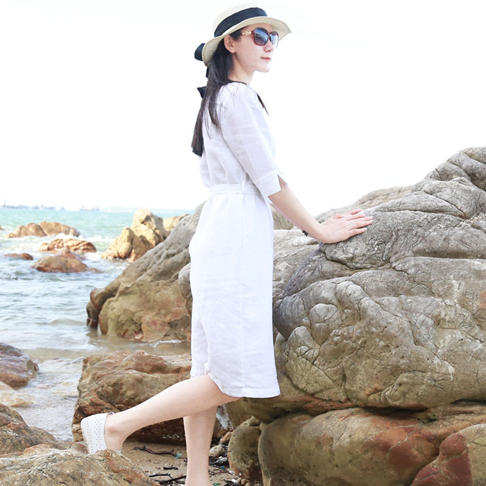 Đầm suông tay lỡ linen trẻ trung kèm đai dời - Trắng