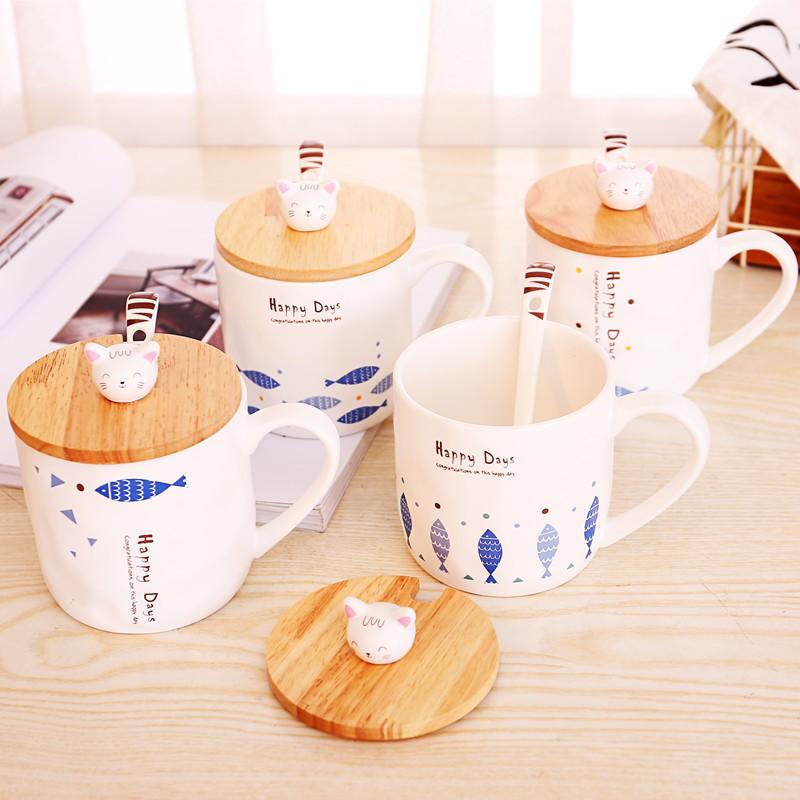 Cốc sứ có kèm thìa và nắp mèo gỗ xinh xắn 400ml - LOẠI 1