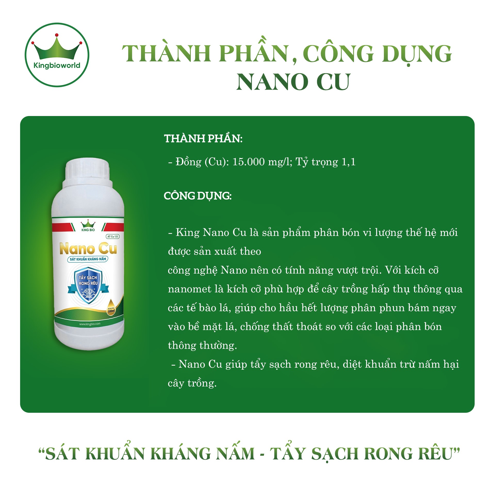King Nano Cu - Phân bón vi lượng, Tẩy sạch rong rêu, Diệt khuẩn trừ nấm hại cây trồng