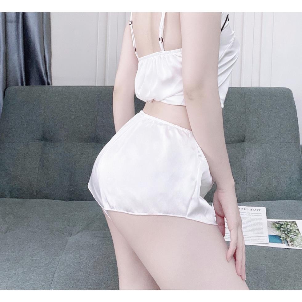 Đồ ngủ sexy quần đùi nữ lưng thun ALISA, chất liệu lụa satin mềm mịn mát, freesize 40-60kg tùy chiều cao