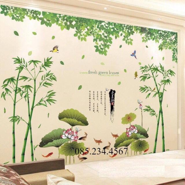 Decal dán tường Combo 3 tranh tre tranh + cá và hoa sen + tán lá xanh To nhất