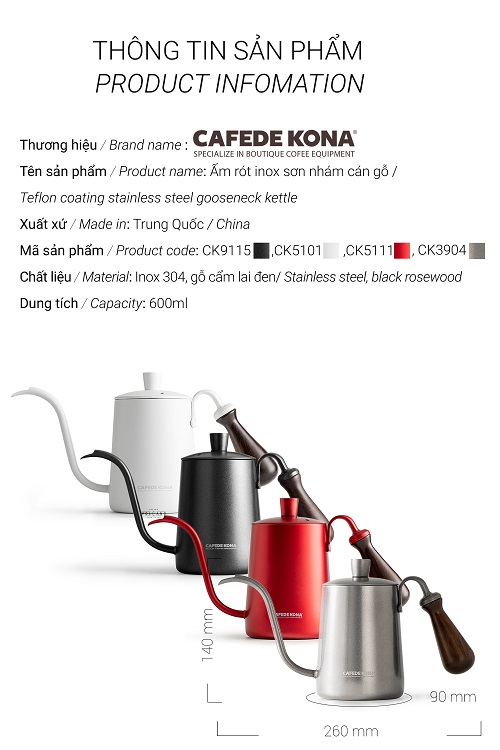 Ấm bình rót nước nóng pha cà phê bằng inox, cán gỗ CAFE DE KONA