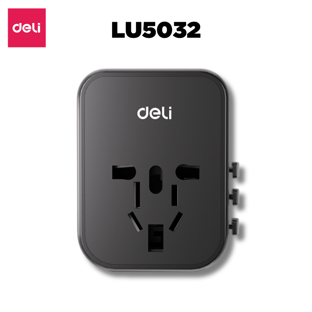 Ổ Cắm Chuyển Đổi Du Lịch Deli Sạc Nhanh 70W Củ Sạc Đa Năng DELI 4 Loại Chân Cắm Chuyển Đổi Dòng Điện