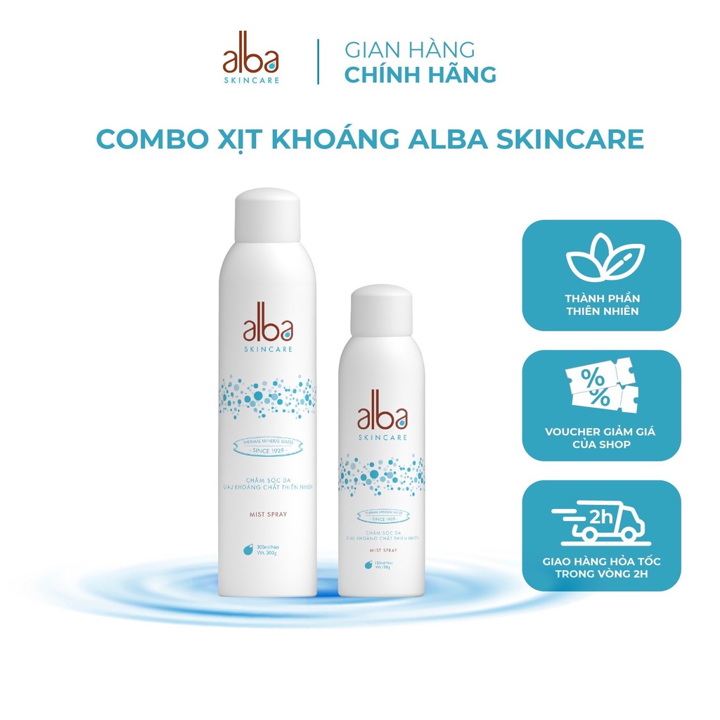 Combo Xịt khoáng Alba Skin Care chống lão hóa 300ml + Xịt khoáng Alba Skin Care chống hăm cho da bé mịn màng 150ml