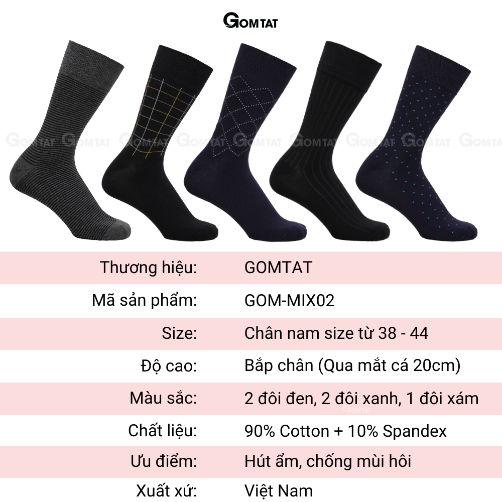 Hộp 5 đôi tất đi giày tây nam cổ cao mẫu MIX02, vớ nam công sở cao cấp, chất liệu cotton hút ẩm, thoáng khí - GOM-MIX02-CB5