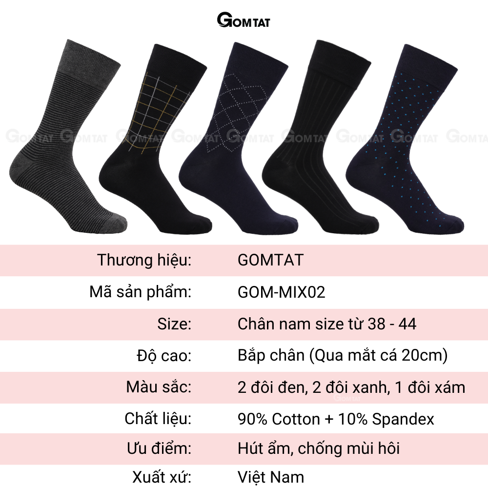 Hộp 5 đôi tất vớ nam đi giày tây công sở cổ cao GOMTAT mẫu MIX02, chất liệu cotton cao cấp thoáng khí - GOM-MIX02-CB5