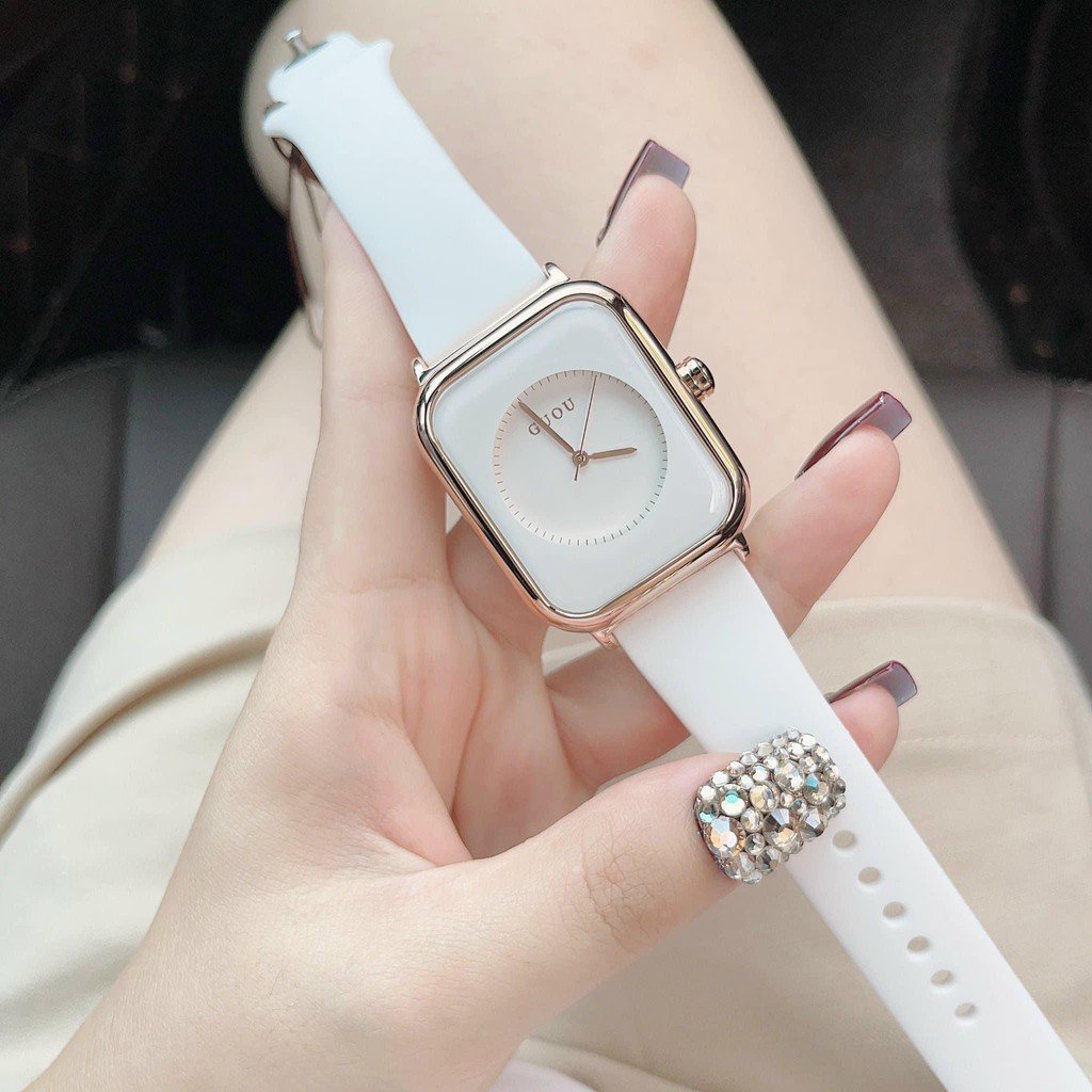 Đồng hồ nữ guou quai silicol mặt chữ Hàn siêu hot 2021 bản dây aple donghonu