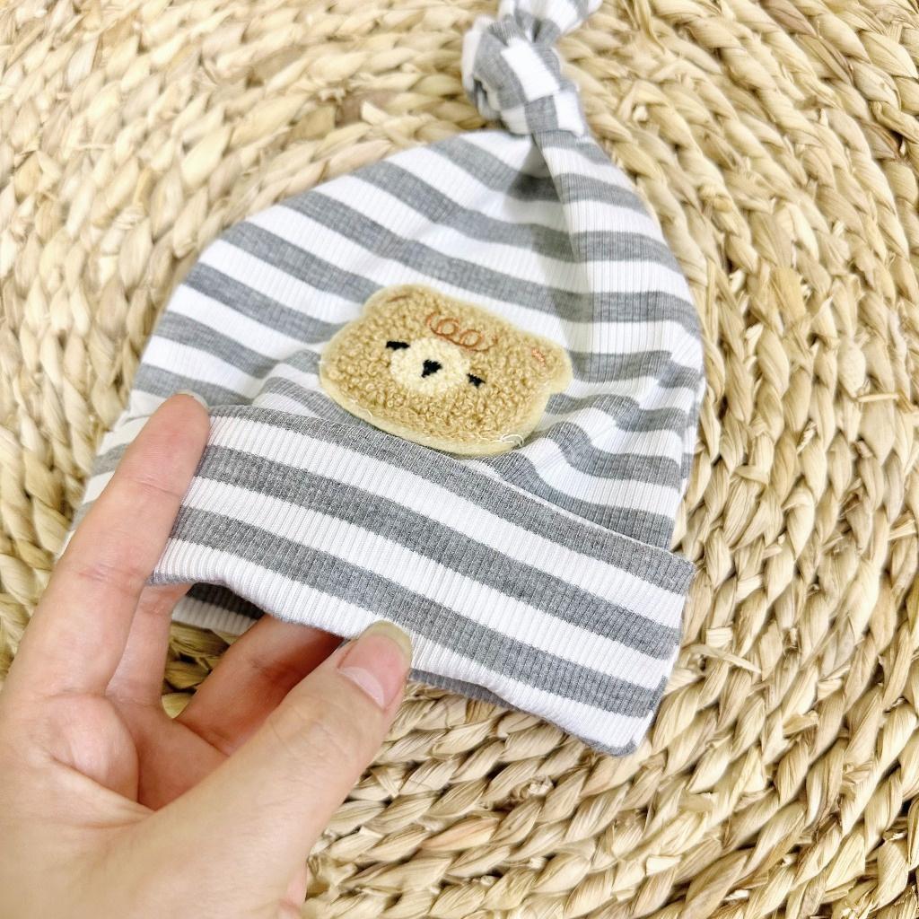 Mũ tỏi cotton đính Gấu phối kẻ dễ thương phong cách Hàn Quốc, co giãn cho bé sơ sinh