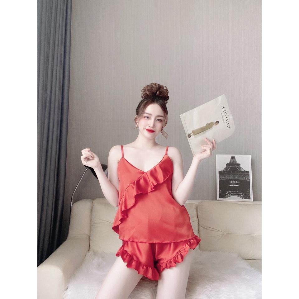 Sét đồ ngủ 2 dây quần đùi bèo chéo tà lụa satin dễ thương, đồ bộ cao cấp