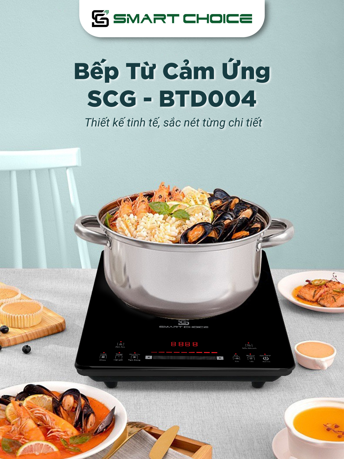 Bếp Từ Cảm Ứng SmartChoice Hàng Chính Hãng SCG-BTD004, Công Suất Lớn 2200W Với Màn Hình Tiếng Việt Rõ Ràng, Dễ Sử Dụng
