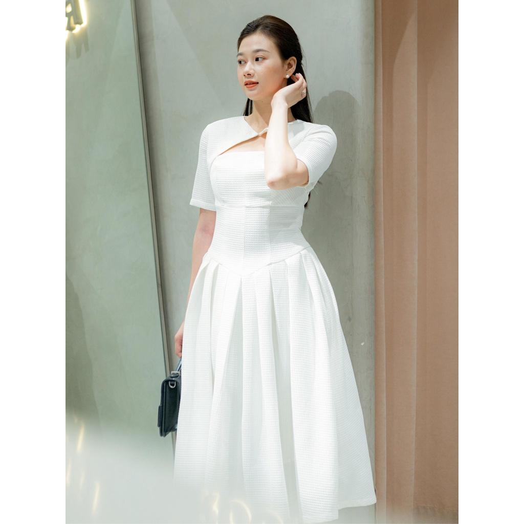 RECHIC Đầm dài Maline kiểu tay ngắn cổ cách điệu dáng váy xoè xếp ly sang trọng thanh lịch phù hợp đi tiệc dạo phố