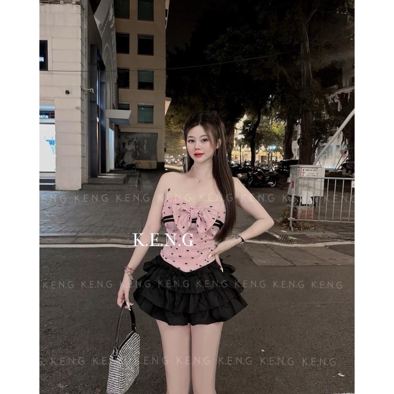 Set áo quây nơ ngực chân váy 3 tầng ngắn xinh BY JOLIE - Hồng