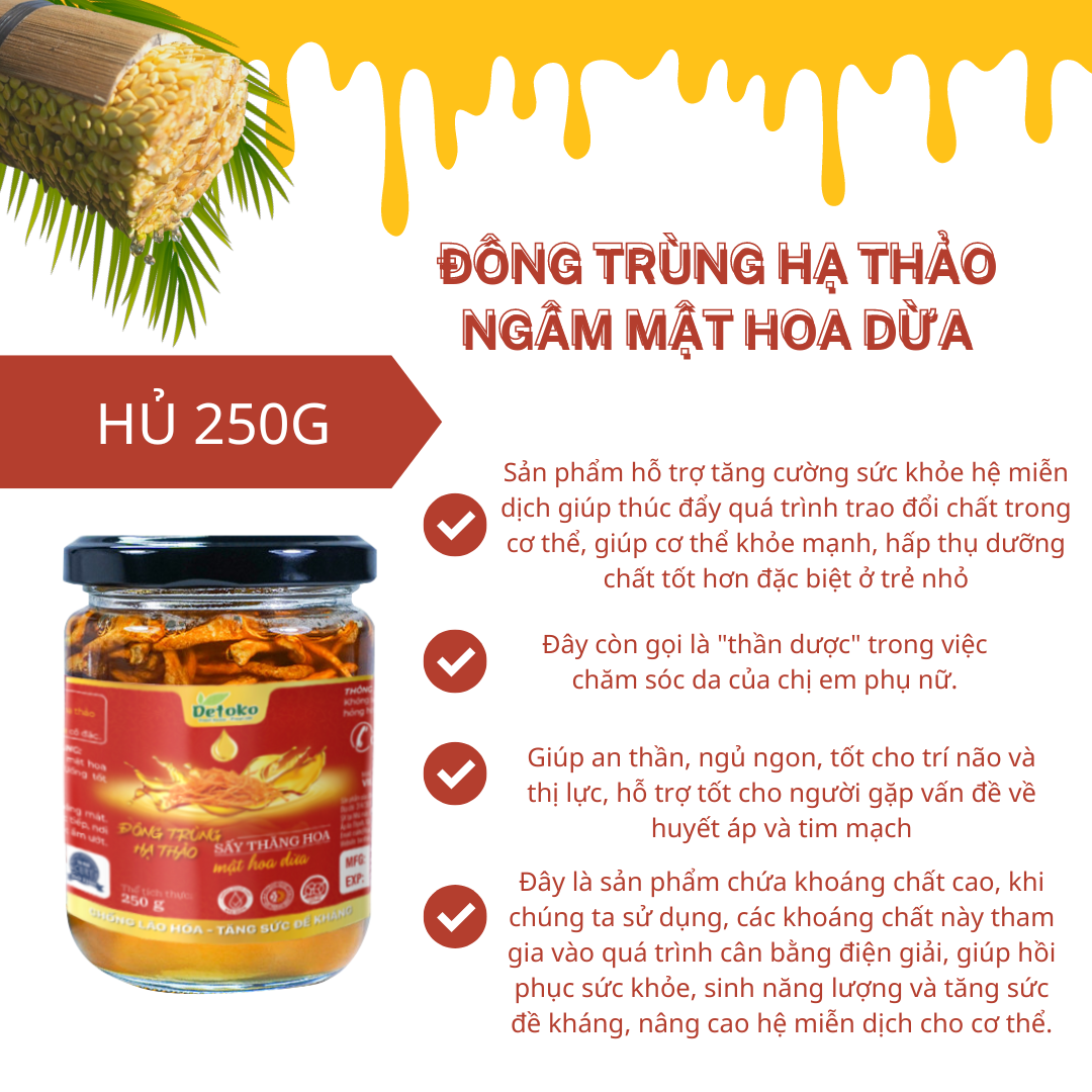 Đông trùng hạ thảo sấy thăng hoa ngâm mật hoa dừa cao cấp Detoko hủ 250g