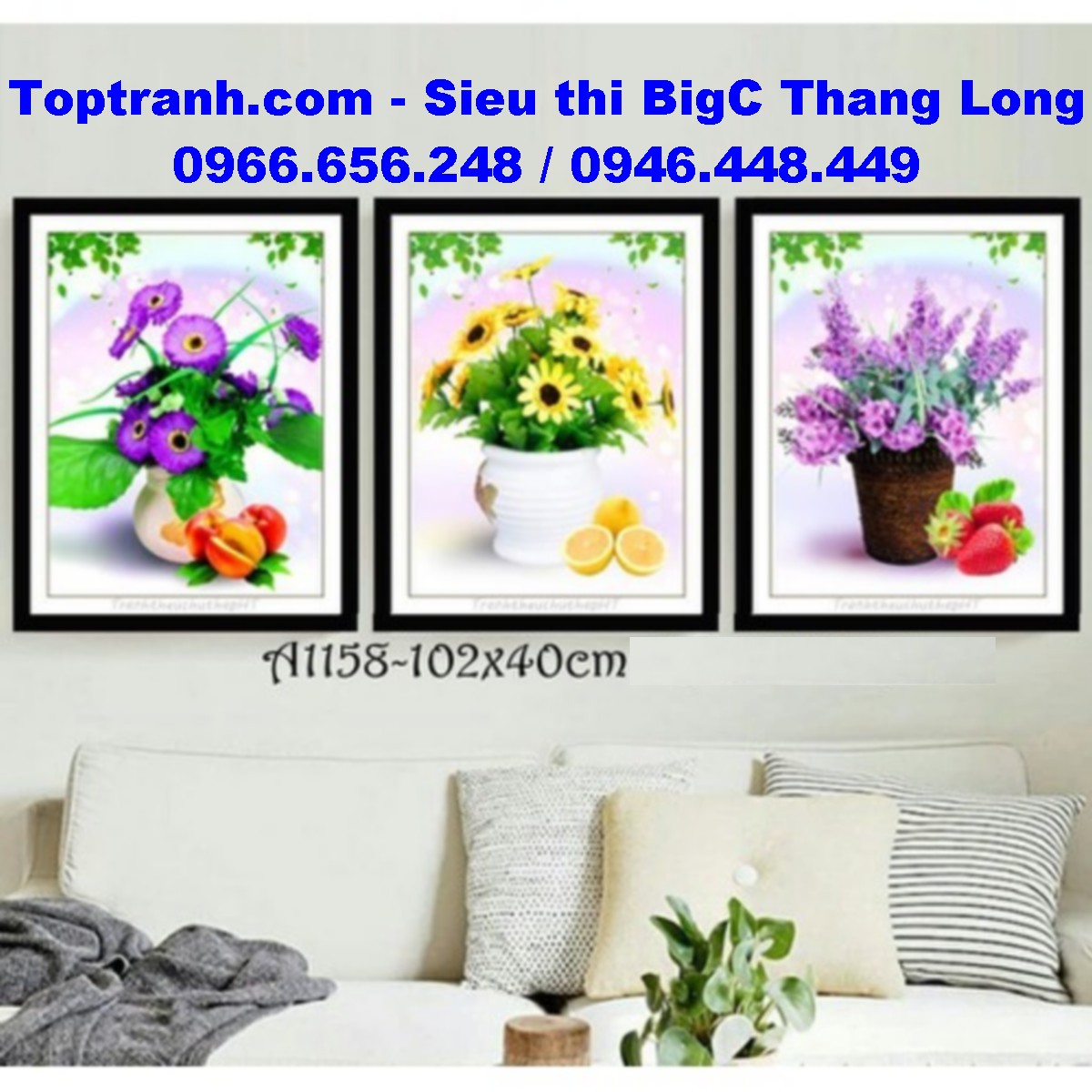 Tranh thêu chữ thập bình hoa tím và hoa hướng dương A1158